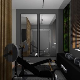 Le-Pa aranżacje wnętrz JOANNA MICHALIK - Wizualizacja domowej siłowni z czarną ławką do ćwiczeń z obciążeniami, lustrami powiększającymi przestrzeń, drewnianą boazerią na ścianie i rzędem hantli na półce pod oknem z żaluzjami.