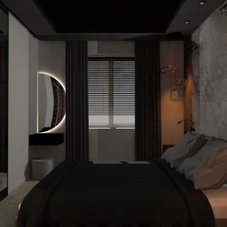 Le-Pa aranżacje wnętrz JOANNA MICHALIK - Nowoczesna sypialnia w ciemnej tonacji z łóżkiem z czarną pościelą, okrągłym lustrem z podświetleniem LED, betonową ścianą i designerskimi lampami wiszącymi.