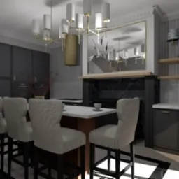 Wizualizacja kuchni w odcieniach szarości z wyspą i czterema krzesłami barowymi, oświetlona nowoczesnym, wielopunktowym żyrandolem. Nad blatem marmurowy kominek z lustrem. Dekoracyjne półki...