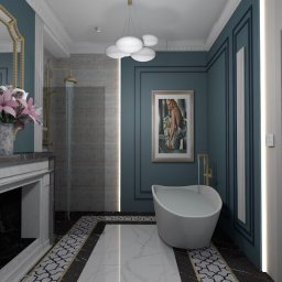 Le-Pa aranżacje wnętrz JOANNA MICHALIK - Wizualizacja łazienki w odcieniach granatu z wolnostojącą wanną, dekoracyjnym kominkiem z kwiatami, złotą armaturą, obrazem na ścianie i wzorzystą podłogą.