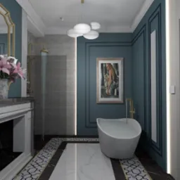 Wizualizacja łazienki w odcieniach granatu z wolnostojącą wanną, dekoracyjnym kominkiem z kwiatami, złotą armaturą, obrazem na ścianie i wzorzystą podłogą.