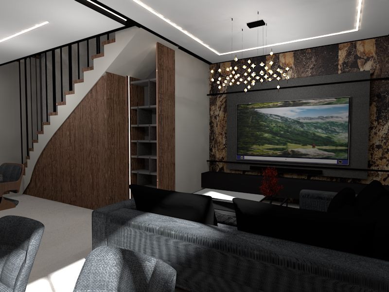 Wizualizacja salonu z drewnianą zabudową schodów i szafą wnękową, telewizorem na tle kamiennej ściany oraz nowoczesnym oświetleniem.
