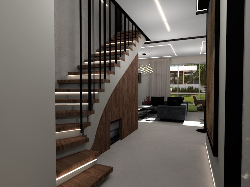 Nowoczesne schody drewniane z podświetleniem LED, czarne balustrady, widok na salon z szarą sofą i oświetleniem punktowym.
