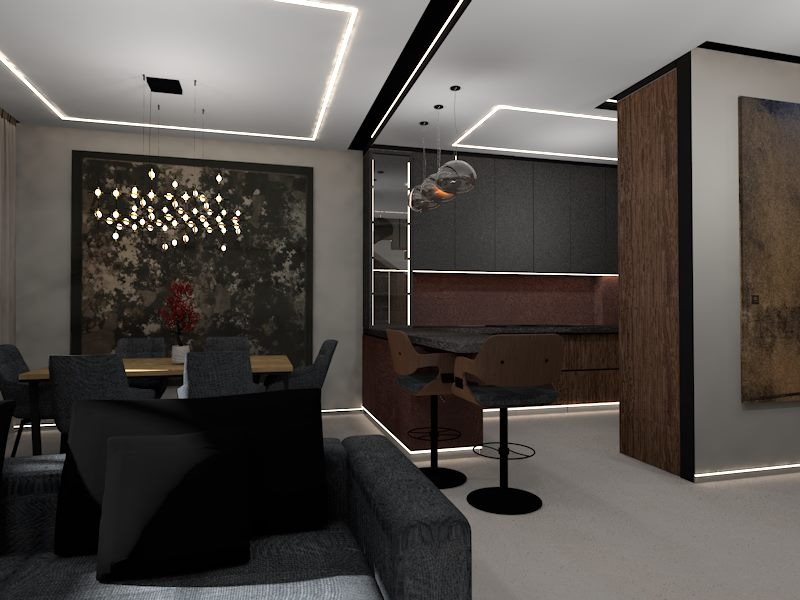 Wizualizacja nowoczesnego wnętrza z otwartą kuchnią, jadalnią i salonem, oświetlenie LED w suficie, krzesła barowe przy wyspie kuchennej, stół jadalny z ciemnymi krzesłami, dekoracyjna lampa...