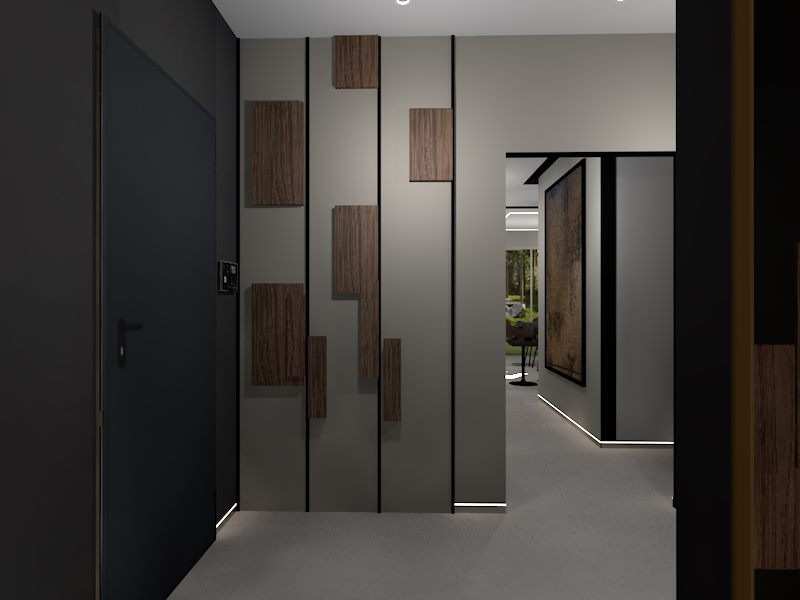 Nowoczesny przedpokój z szarą ścianą zdobioną pionowymi panelami z drewnianymi wstawkami, ukryte oświetlenie podłogowe, widok na salon z obrazem.