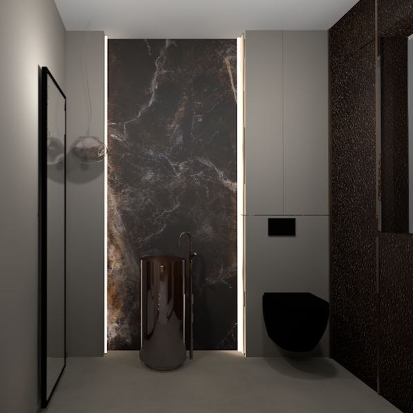 Nowoczesna łazienka w Markach z umywalką cylindryczną w kolorze brązu i czarną wiszącą toaletą, podświetlona ściana z efektem marmuru.