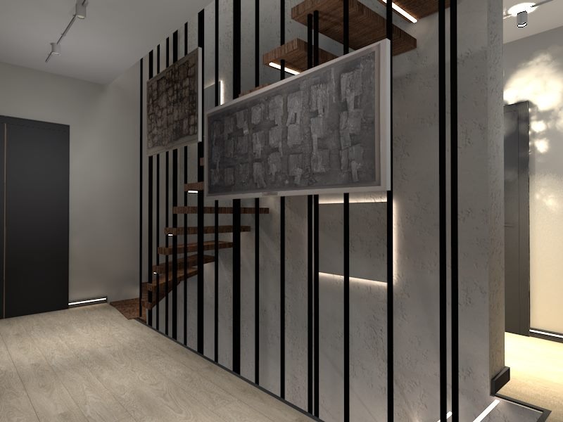 Nowoczesne wnętrze z drewnianymi schodami wspornikowymi, czarnymi pionowymi listwami dekoracyjnymi, betonową ścianą i abstrakcyjnymi obrazami w szarościach, oświetlone listwami LED.