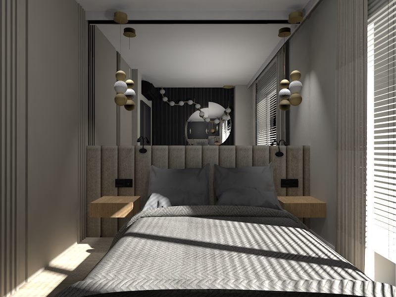 Nowoczesna sypialnia z łóżkiem, tapicerowanym zagłówkiem, wiszącymi szafkami nocnymi i dekoracyjnym lustrem z kulistymi lampami po bokach, oświetlona promieniami słońca wpadającymi przez żaluzje.