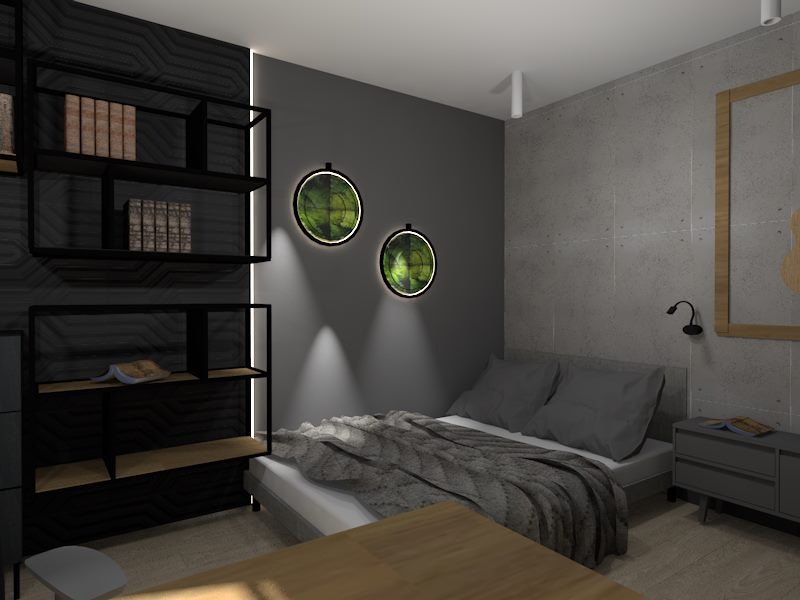 Nowoczesna sypialnia z szarą betonową ścianą, czarnym regałem na książki z podświetleniem LED, okrągłymi dekoracjami ściennymi z motywem roślinnym i łóżkiem z szarą pościelą.