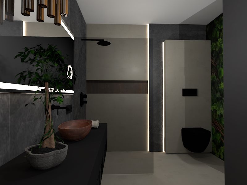 Nowoczesna łazienka z elementami drewna: umywalka w kształcie misy, czarna armatura, pionowe oświetlenie LED wzdłuż kabiny prysznicowej i toaleta w kolorze czarnym, akcent roślinny w postaci...