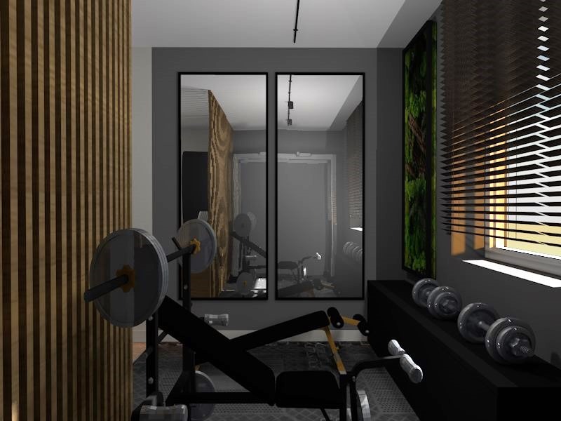 Wizualizacja domowej siłowni z czarną ławką do ćwiczeń z obciążeniami, lustrami powiększającymi przestrzeń, drewnianą boazerią na ścianie i rzędem hantli na półce pod oknem z żaluzjami.