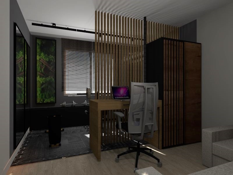 Wizualizacja pokoju łączącego biuro i siłownię: drewniana ażurowa ścianka działowa, biurko z laptopem, krzesło biurowe, w tle sprzęt do ćwiczeń, ściana z roślinami.