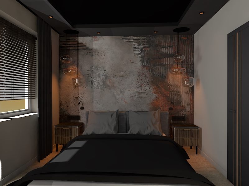 Sypialnia z łóżkiem z czarną pościelą na tle ściany z efektem betonu, oświetlona wiszącymi lampami z okrągłymi kloszami i małymi kinkietami nad szafkami nocnymi.
