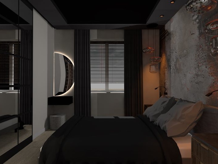 Nowoczesna sypialnia w ciemnej tonacji z łóżkiem z czarną pościelą, okrągłym lustrem z podświetleniem LED, betonową ścianą i designerskimi lampami wiszącymi.