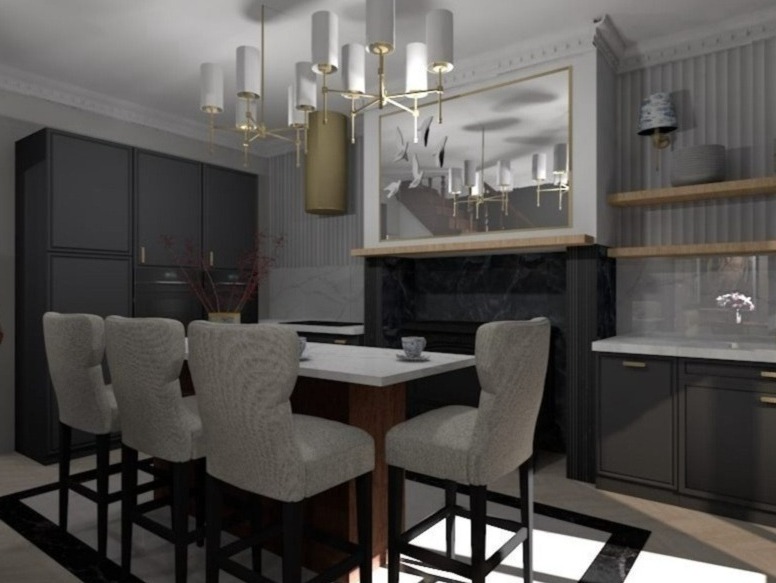 Wizualizacja kuchni w odcieniach szarości z wyspą i czterema krzesłami barowymi, oświetlona nowoczesnym, wielopunktowym żyrandolem. Nad blatem marmurowy kominek z lustrem. Dekoracyjne półki...