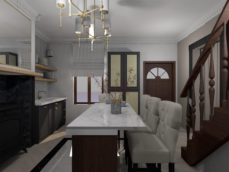 Wizualizacja wnętrza: Jadalnia z marmurowym stołem, krzesłami w stylu glamour, czarną zabudową kuchenną i schodami z drewnianą balustradą.