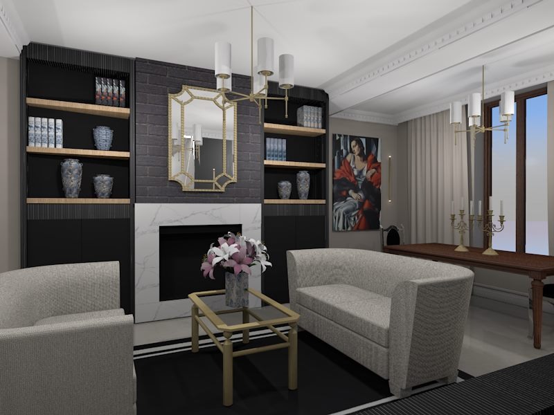 Wizualizacja salonu z biblioteczką po bokach kominka marmurowego, nad którym wisi ozdobne lustro, a w centralnej części stoi szara sofa i stolik kawowy z kwiatami. W tle widoczny stół...
