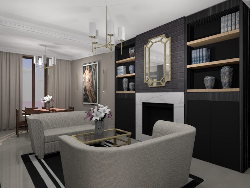 Wizualizacja salonu z szarą sofą, kominkiem obłożonym białym marmurem i regałem z ciemnego drewna z drewnianymi półkami oraz lustrem w złotej ramie na tle ściany z cegły