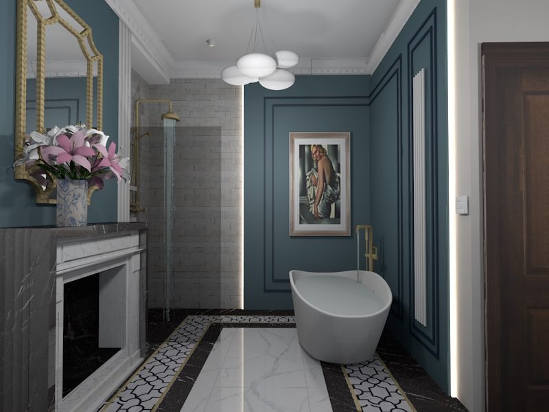 Wizualizacja łazienki w odcieniach granatu z wolnostojącą wanną, dekoracyjnym kominkiem z kwiatami, złotą armaturą, obrazem na ścianie i wzorzystą podłogą.