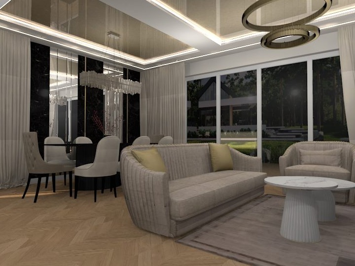 Wizualizacja przestronnego salonu z jadalnią w stylu glamour: beżowa sofa z poduszkami, okrągły stolik kawowy z marmurowym blatem, stół jadalny z krzesłami na tle czarnej ściany z lustrami, duże...