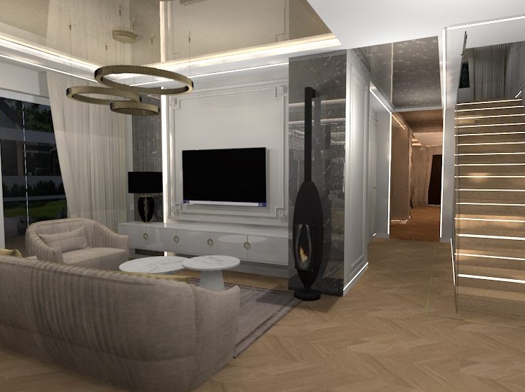 Nowoczesny salon z parkietem w jodełkę, beżową sofą, fotelami, okrągłymi stolikami kawowymi, kominkiem w obudowie z marmuru, telewizorem i designerską lampą wiszącą z okręgów.