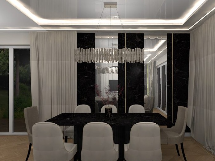 Elegancka jadalnia z czarnym marmurowym stołem, białymi krzesłami i kryształowym żyrandolem, widok na ogród przez okno.