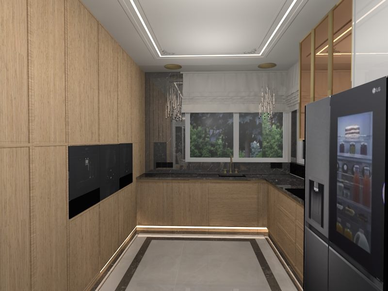 Nowoczesna kuchnia z drewnianymi frontami, czarnym blatem, wbudowanymi piekarnikami i lodówką z wyświetlaczem, oświetlona listwami LED pod szafkami.