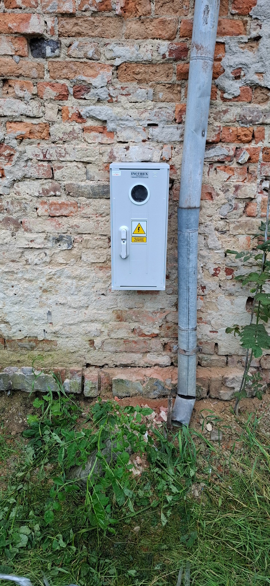 Szara skrzynka elektryczna z ostrzeżeniem o napięciu, zamontowana na starej, ceglanej ścianie obok rury spustowej. Widoczne zielone rośliny u podstawy ściany.