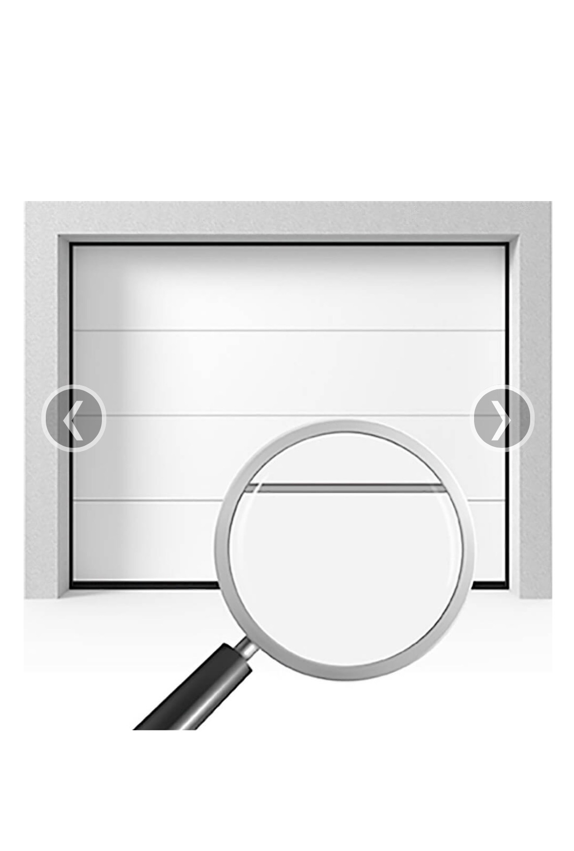 Biała, segmentowa konstrukcja z powiększeniem na jedną z sekcji za pomocą lupy, strzałki nawigacyjne po bokach.