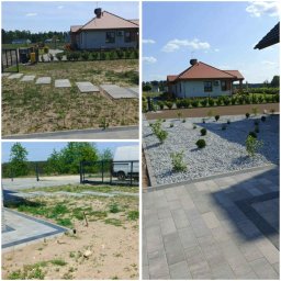 GARDEN USŁUGI OGRODNICZE GRZEGORZ TYMURA - Kompozycja przed i po: zaniedbany teren przekształcony w ogród z kostką, kamieniami i roślinami. Widoczny dom w tle, podkreślający metamorfozę.