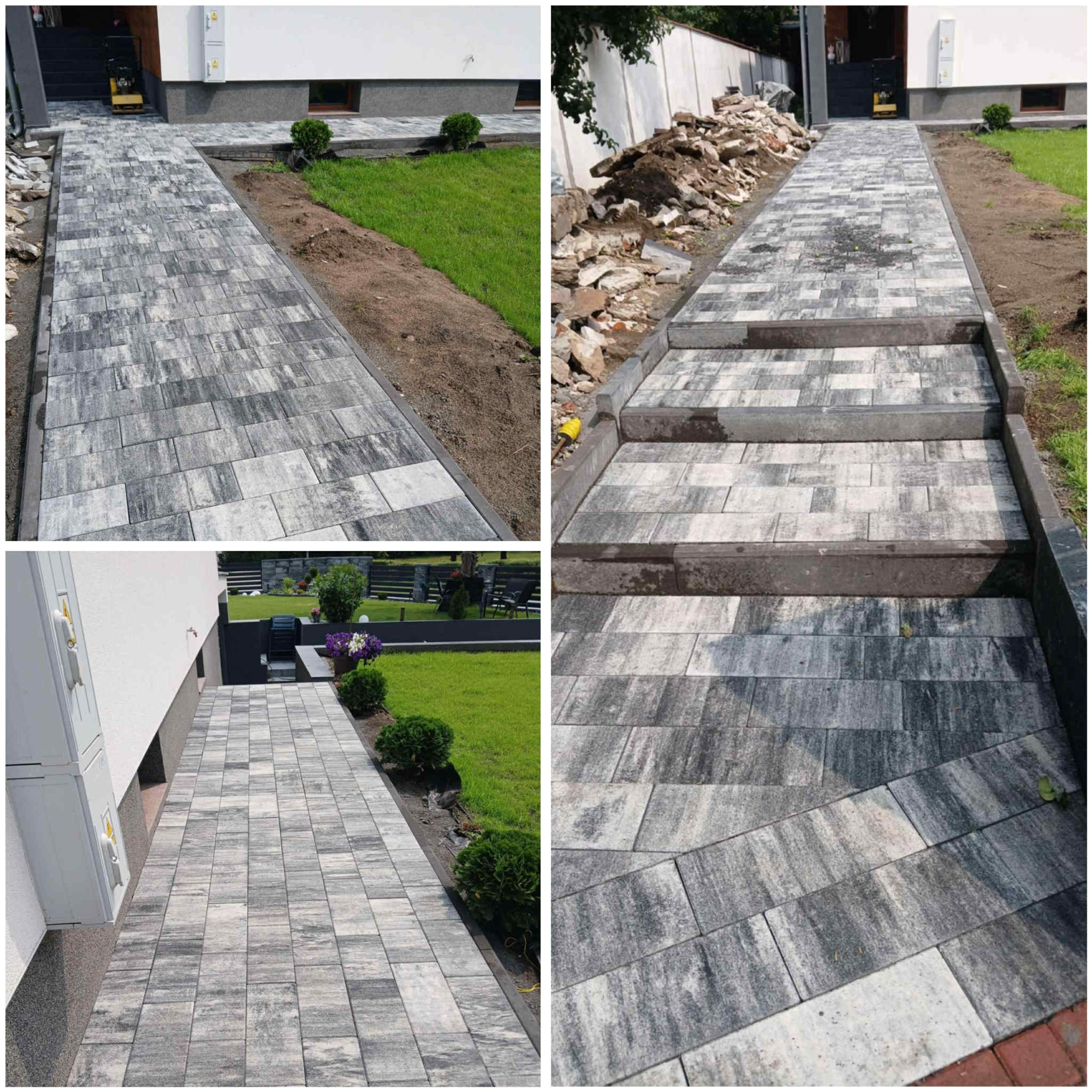 Ułożona szara kostka brukowa prowadząca do domu, widok z różnych perspektyw. Schody z kostki brukowej. Uporządkowany teren, małe krzewy, trawnik.