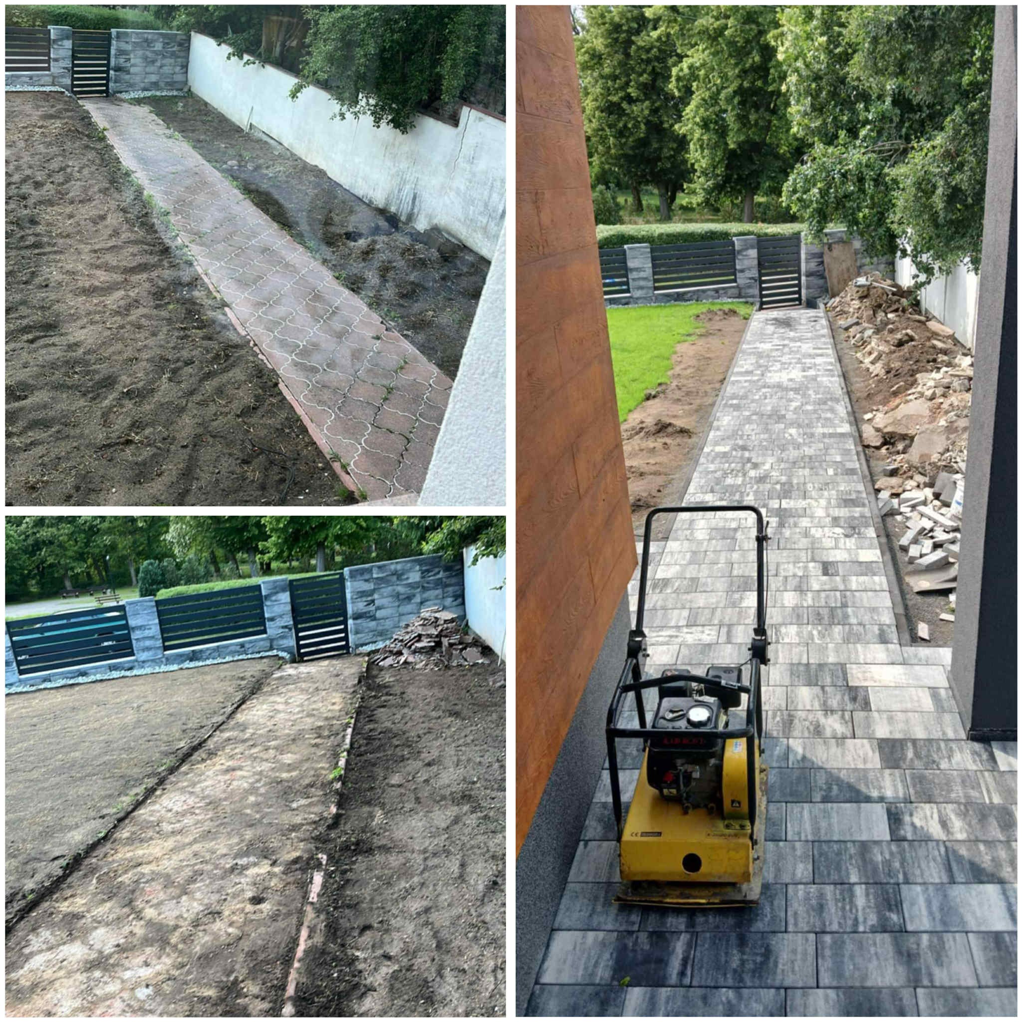Etapy układania kostki: od starej ścieżki do nowej, z użyciem zagęszczarki. Widoczne przygotowane podłoże i fragmenty nowego ogrodzenia z bramką.