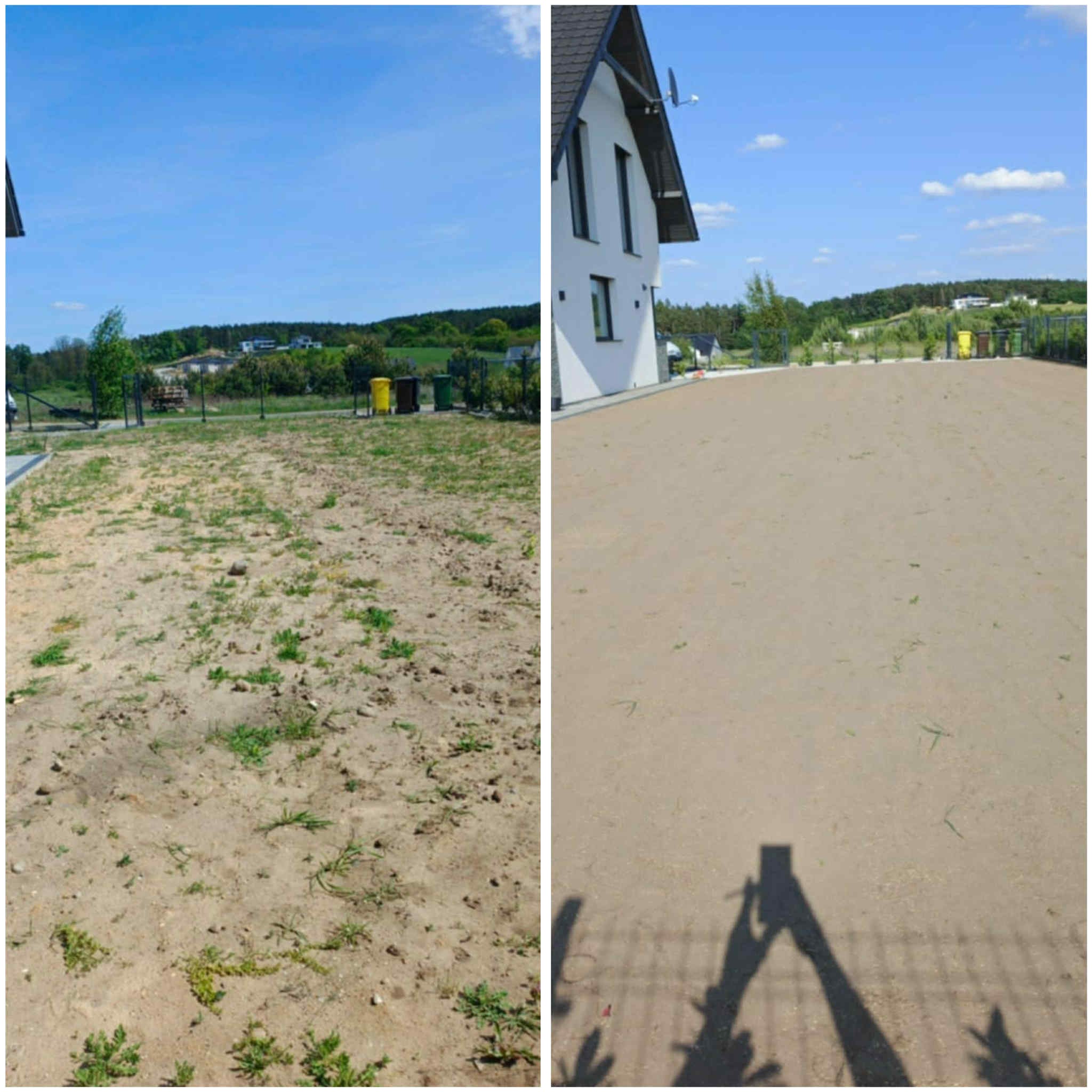 Zdjęcie 'przed i po' niwelacji terenu pod ogród, z widocznym budynkiem w tle i cieniem osoby robiącej zdjęcie. Po prawej wyrównana ziemia, po lewej teren z chwastami.