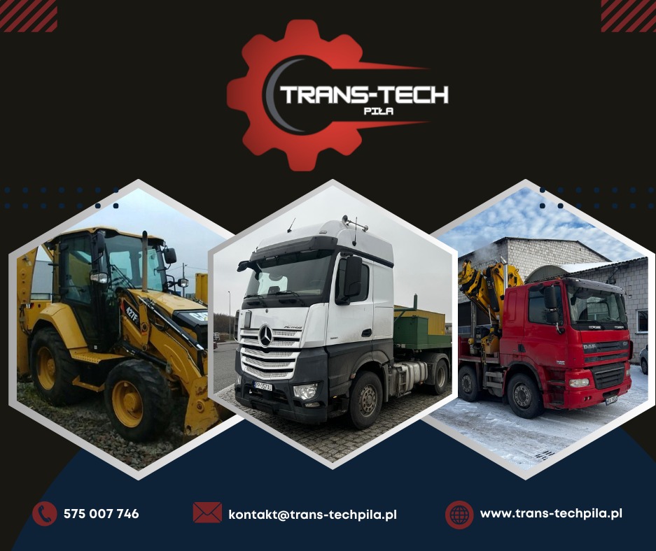 Kompozycja graficzna prezentująca żółtą koparko-ładowarkę, białą ciężarówkę Mercedes i czerwony dźwig samochodowy DAF na tle logo Trans-Tech Piła, z danymi kontaktowymi firmy u dołu.