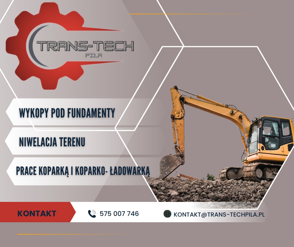 Grafika reklamowa firmy Trans-Tech Piła z koparką na tle ziemi, promująca usługi ziemne i niwelacyjne.