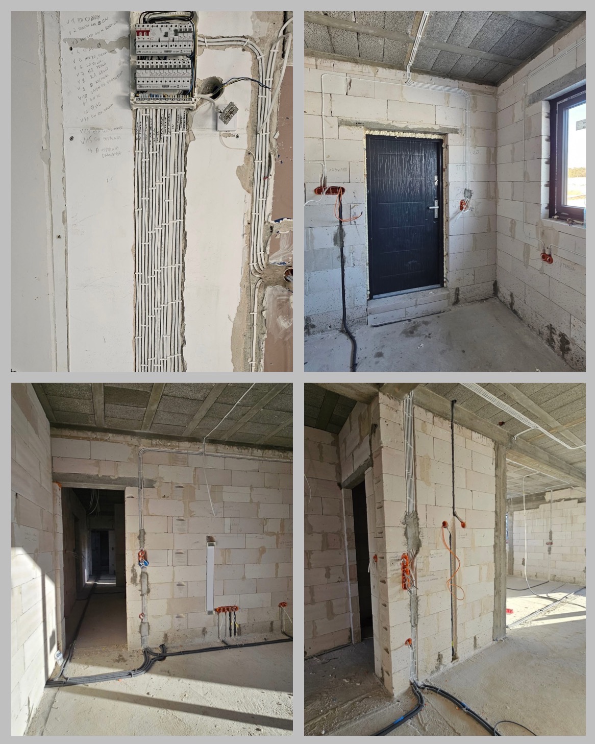 Wnętrze surowego domu w trakcie prac elektrycznych: widoczne kable i przewody rozprowadzone po ścianach z betonu komórkowego, skrzynka rozdzielcza z bezpiecznikami na ścianie, instalacja podtynkowa...