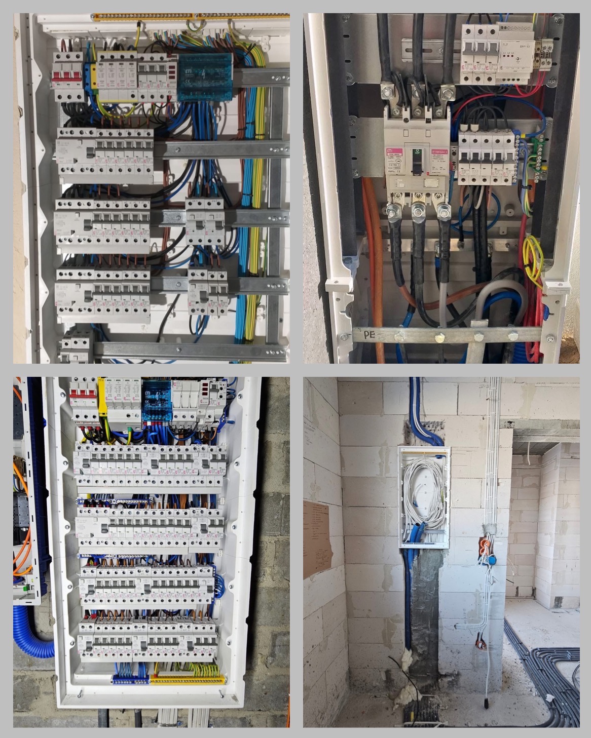 Cztery ujęcia rozdzielnic elektrycznych w stanie surowym, widoczne kable, bezpieczniki i inne komponenty, jedna z rozdzielnic zamontowana w ścianie z betonu komórkowego.