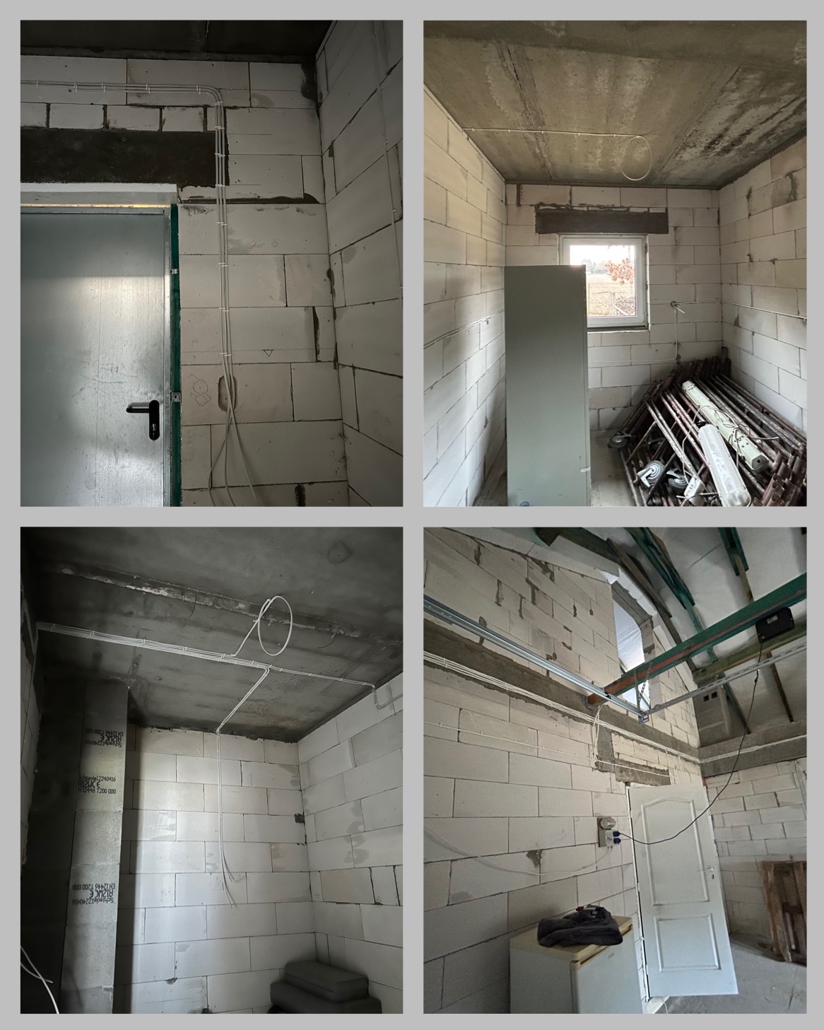 Cztery kadry z wnętrza w stanie surowym w Radawcu Małym, widoczne białe ściany z betonu komórkowego, surowe betonowe sufity i poprowadzone białe kable elektryczne.