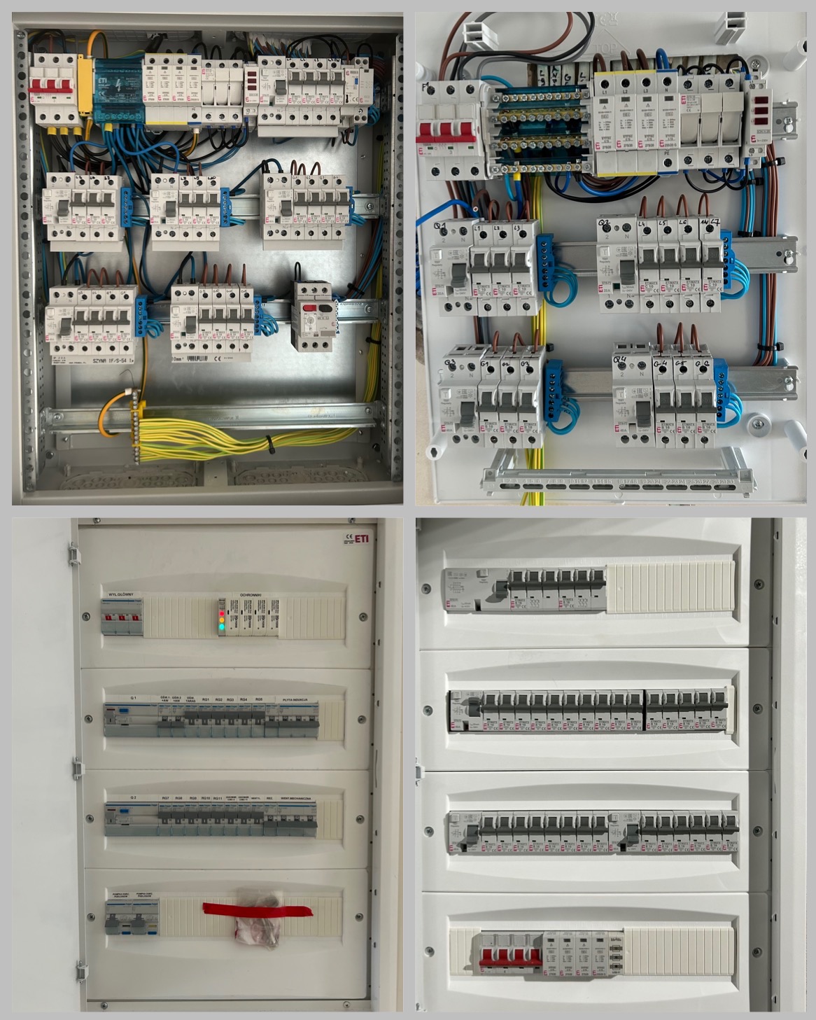 Kompozycja czterech zdjęć rozdzielnic elektrycznych, z widocznymi zabezpieczeniami, przewodami i elementami montażowymi; różne konfiguracje i poziomy skomplikowania.
