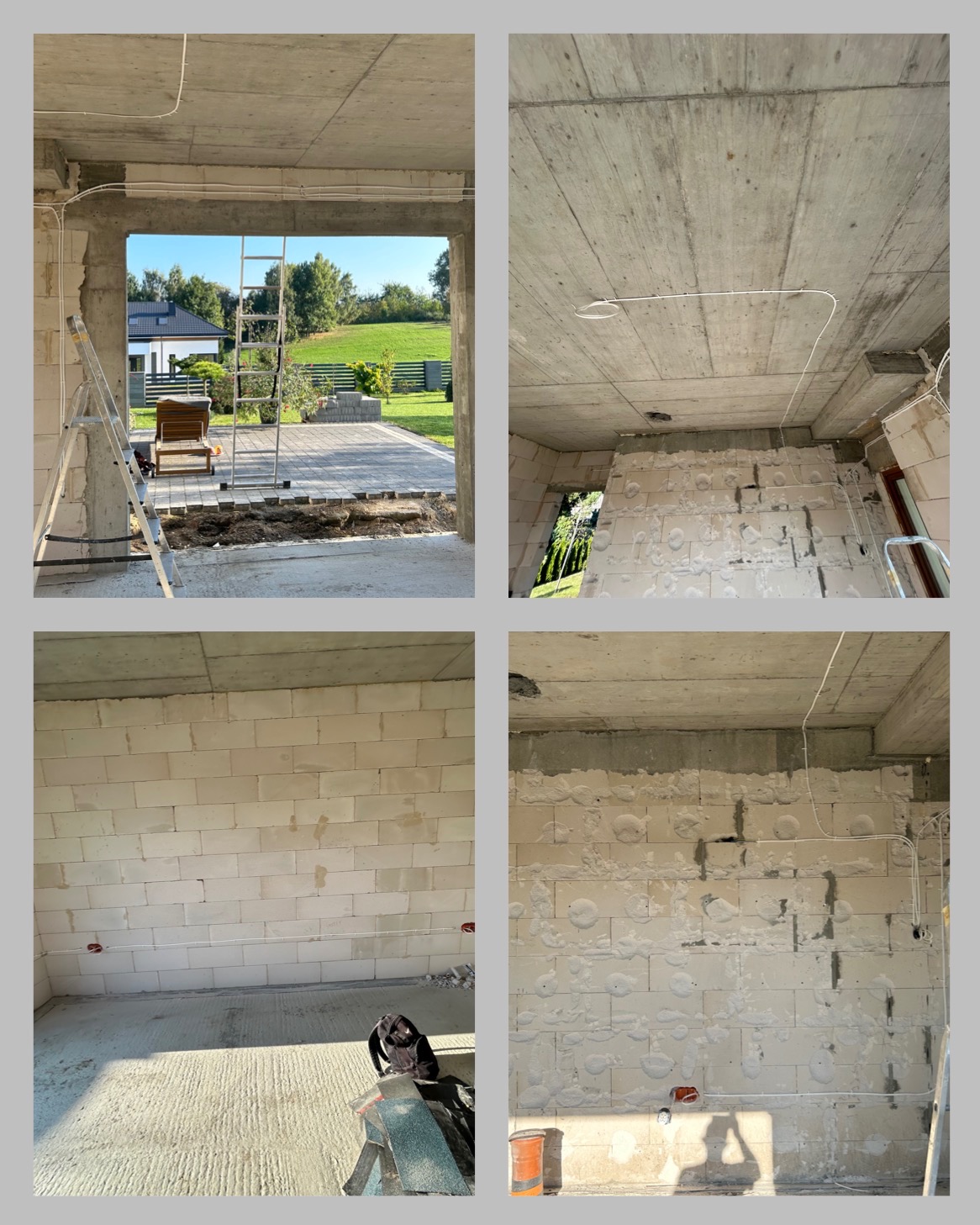 Wnętrze w surowym stanie podczas prac elektrycznych: widoczne przewody poprowadzone po suficie i ścianach z betonu komórkowego, drabina oparta o ścianę, widok na ogród przez otwór okienny.