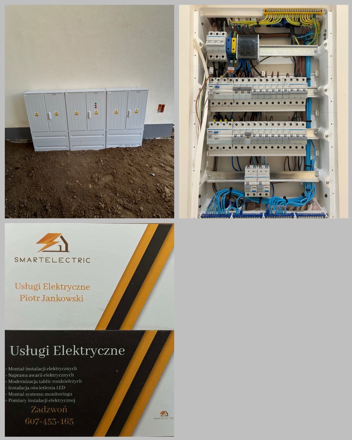Trzy szare skrzynki elektryczne na ziemi, obok ściany, oraz otwarta tablica rozdzielcza z bezpiecznikami i okablowaniem; wizytówka firmy elektrycznej 'SMARTELECTRIC' z danymi kontaktowymi.