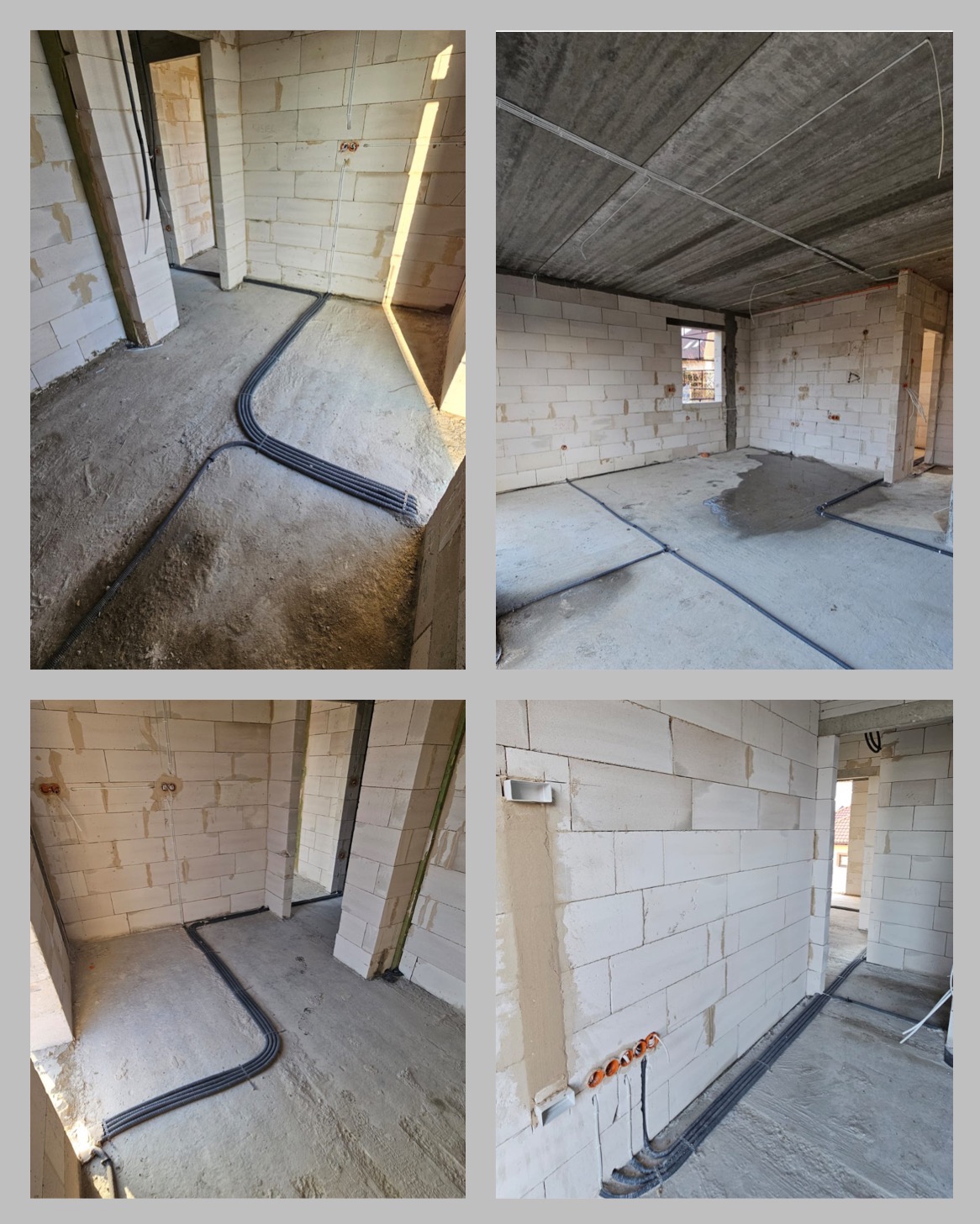 Wnętrze w stanie surowym: kable elektryczne w peszlach ułożone na podłodze i przy ścianach, widoczne puszki instalacyjne w ścianach z betonu komórkowego.