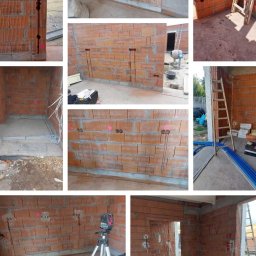 Elektro-Instal Dawid Walden - Surowe mury z wyżłobieniami pod instalację elektryczną, widoczne przewody i otwory pod gniazdka, laser krzyżowy na statywie. Etap prac instalacyjnych w nowym budynku.