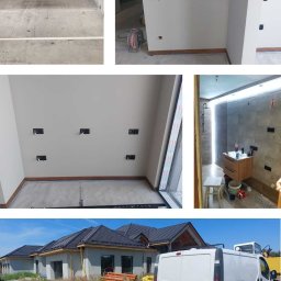 Elektro-Instal Dawid Walden - Wnętrza w trakcie prac elektrycznych: gniazdka, kable, puszki instalacyjne. Na zewnątrz budynek z instalacjami i samochód dostawczy.