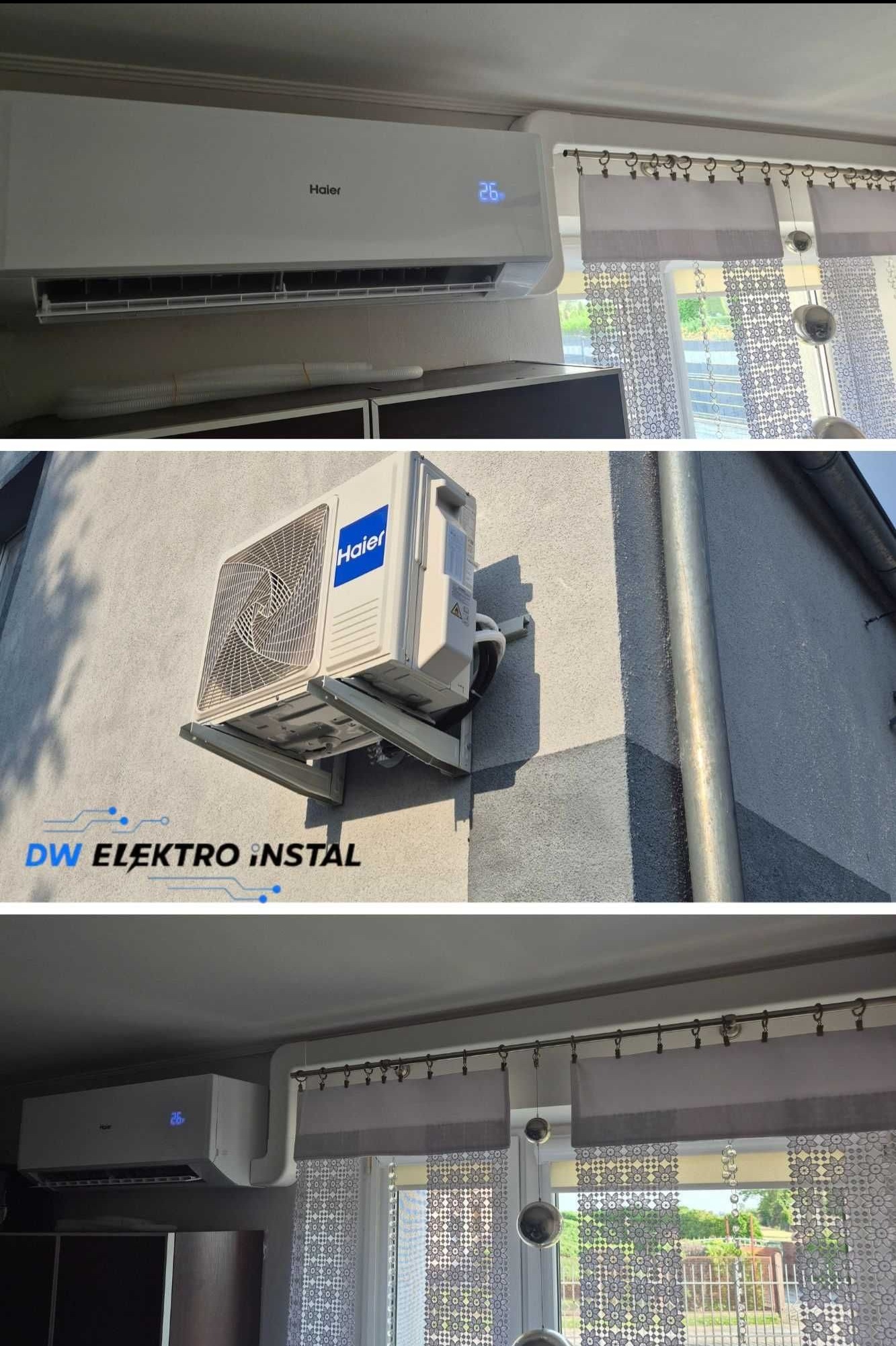 Klimatyzator Haier: widok z zewnątrz i wewnątrz. Montaż jednostki zewnętrznej na elewacji, jednostka wewnętrzna zamontowana pod sufitem w pomieszczeniu.