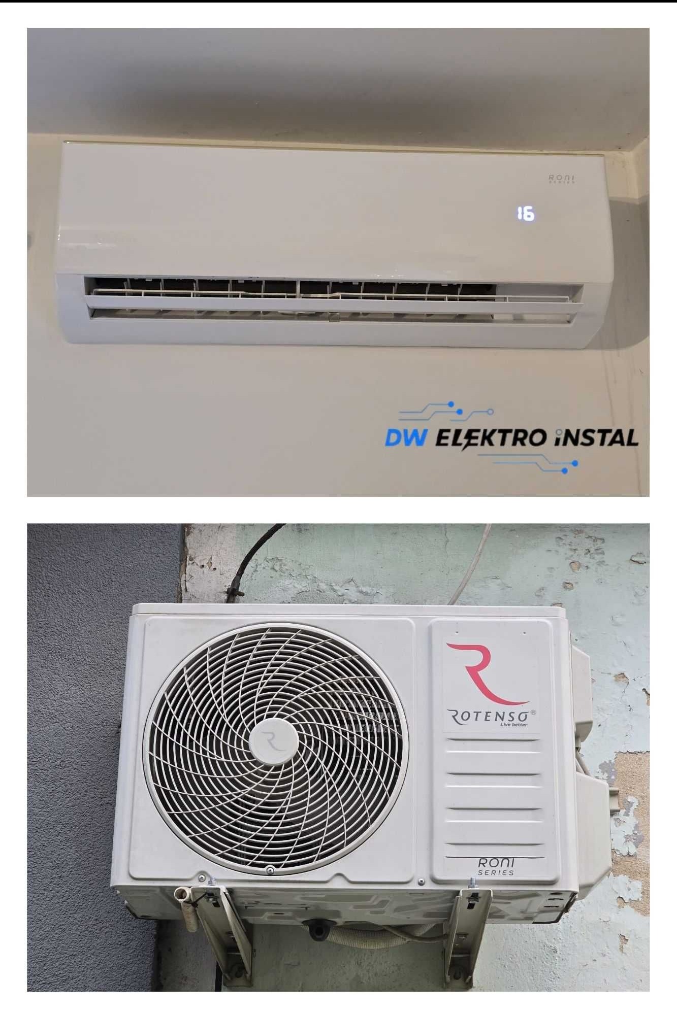 Dwu-częściowe ujęcie klimatyzacji Rotenso: jednostka wewnętrzna na ścianie z wyświetlaczem temperatury i jednostka zewnętrzna na elewacji z widocznym wentylatorem.