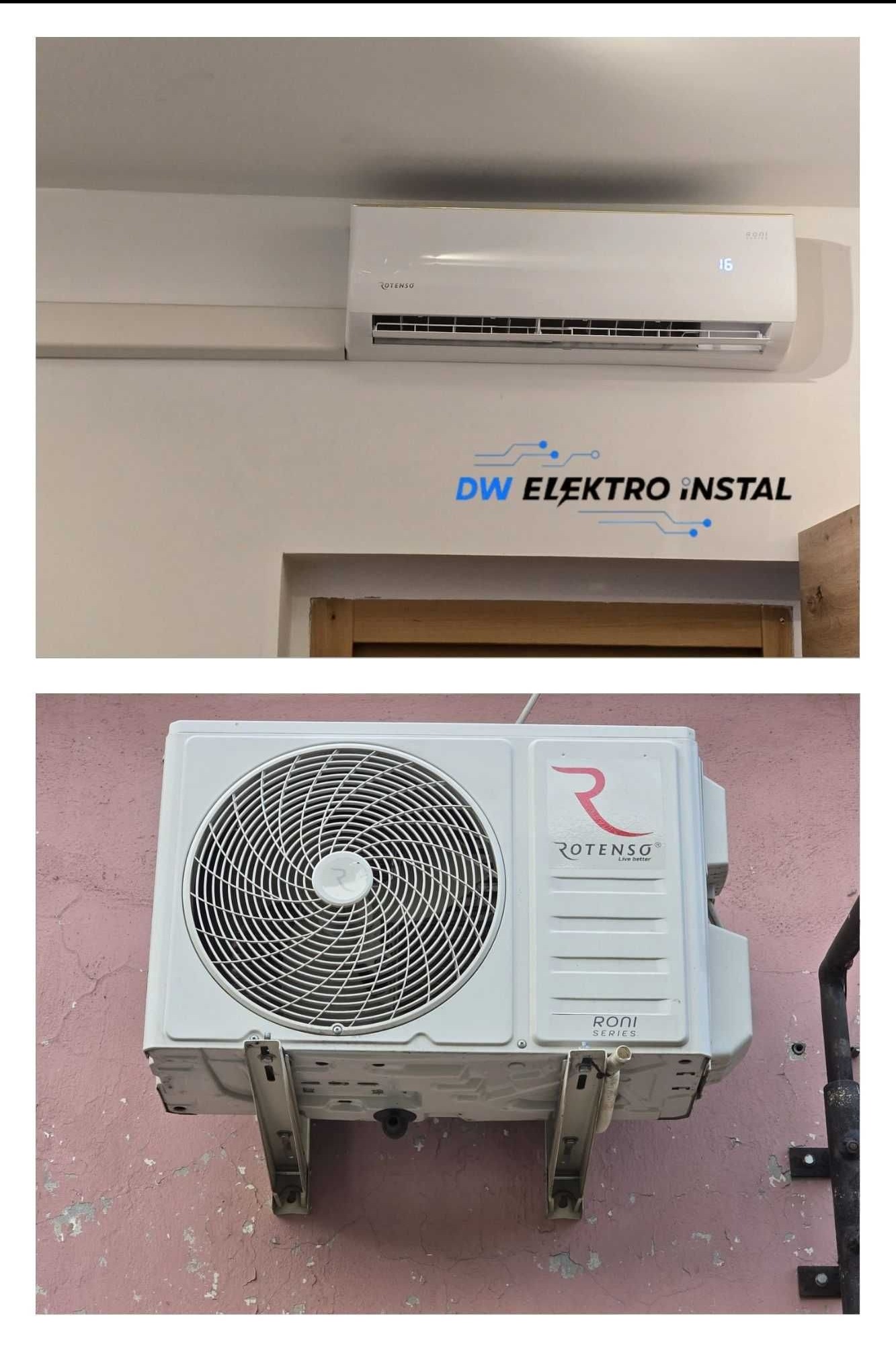Dwuczęściowe ujęcie: zamontowany klimatyzator Rotenso wewnątrz i jednostka zewnętrzna na różowej ścianie. Widoczny model i logo marki.