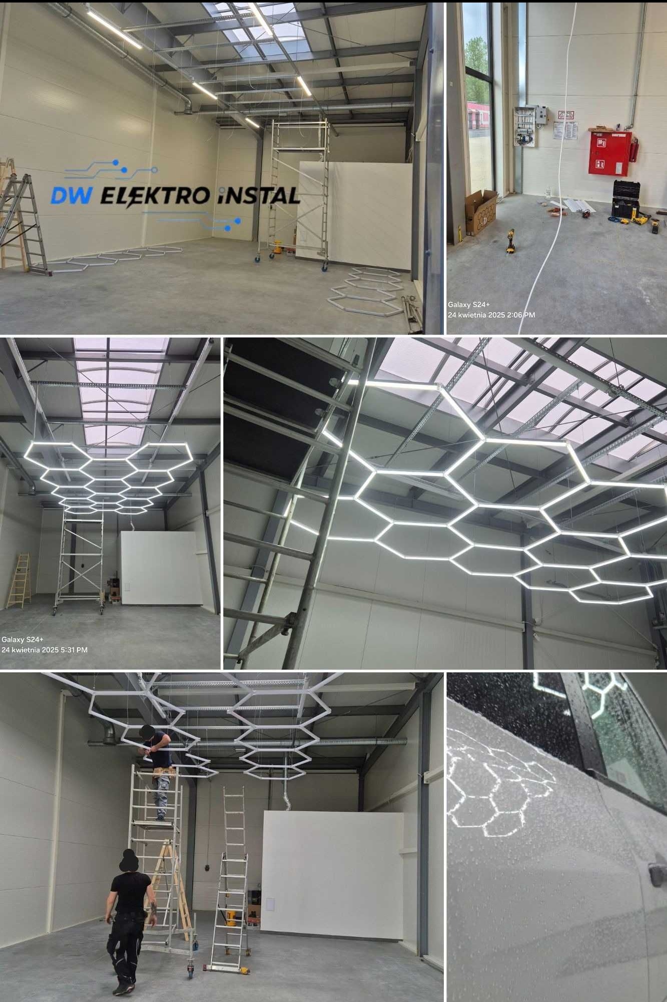 Montaż oświetlenia LED w kształcie plastra miodu w hali. Widoczne rusztowania, drabiny i pracownicy podczas instalacji. Oświetlenie odbija się na karoserii auta.