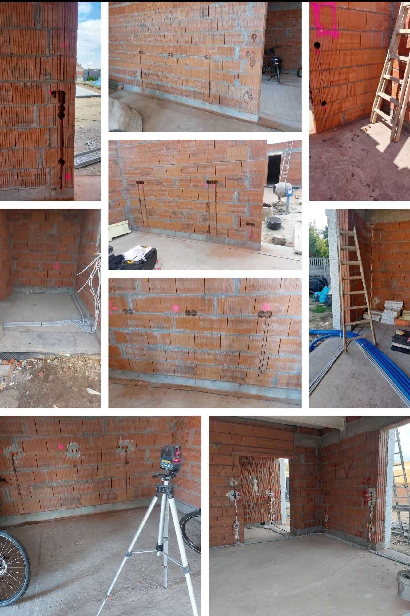 Surowe mury z wyżłobieniami pod instalację elektryczną, widoczne przewody i otwory pod gniazdka, laser krzyżowy na statywie. Etap prac instalacyjnych w nowym budynku.