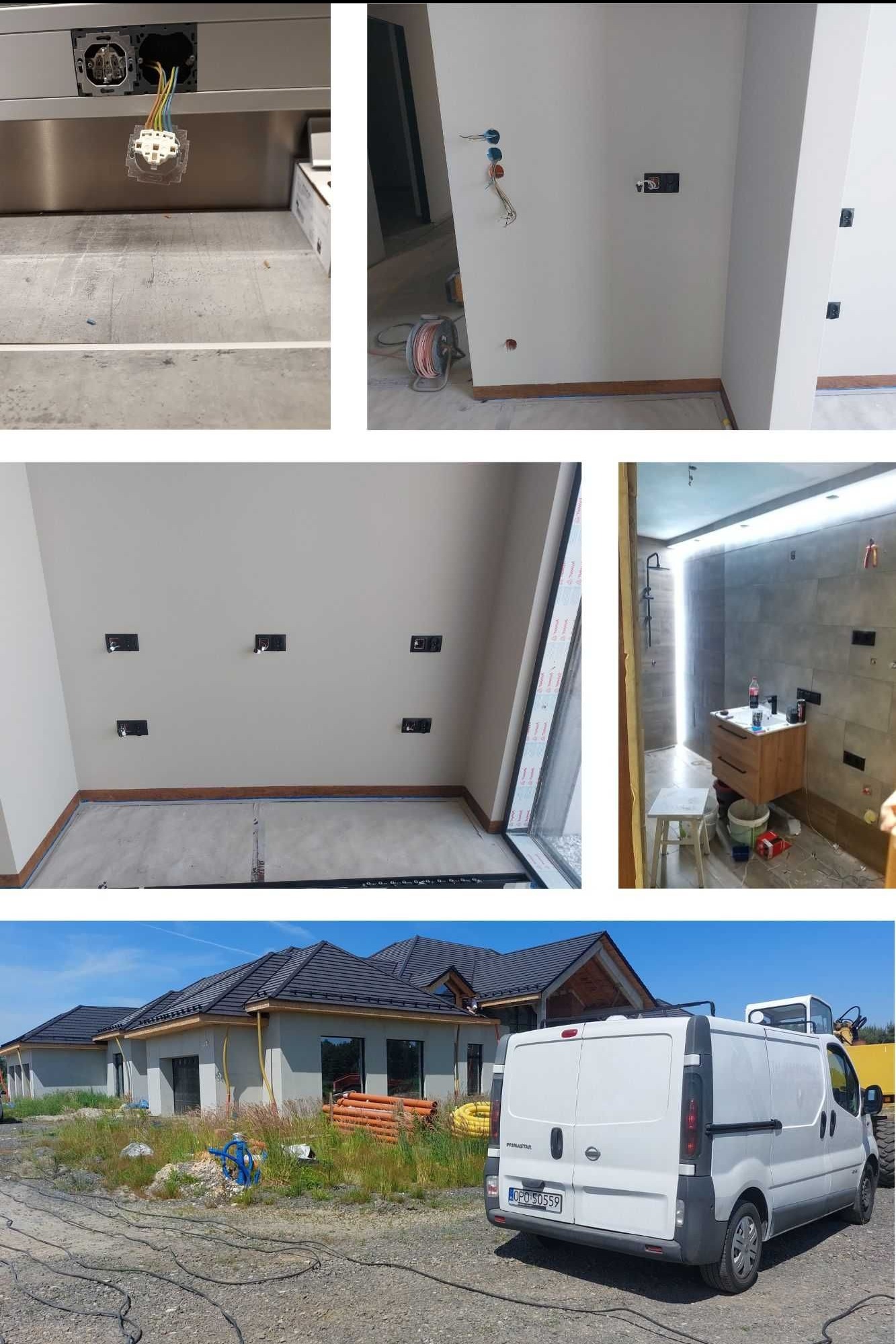 Wnętrza w trakcie prac elektrycznych: gniazdka, kable, puszki instalacyjne. Na zewnątrz budynek z instalacjami i samochód dostawczy.